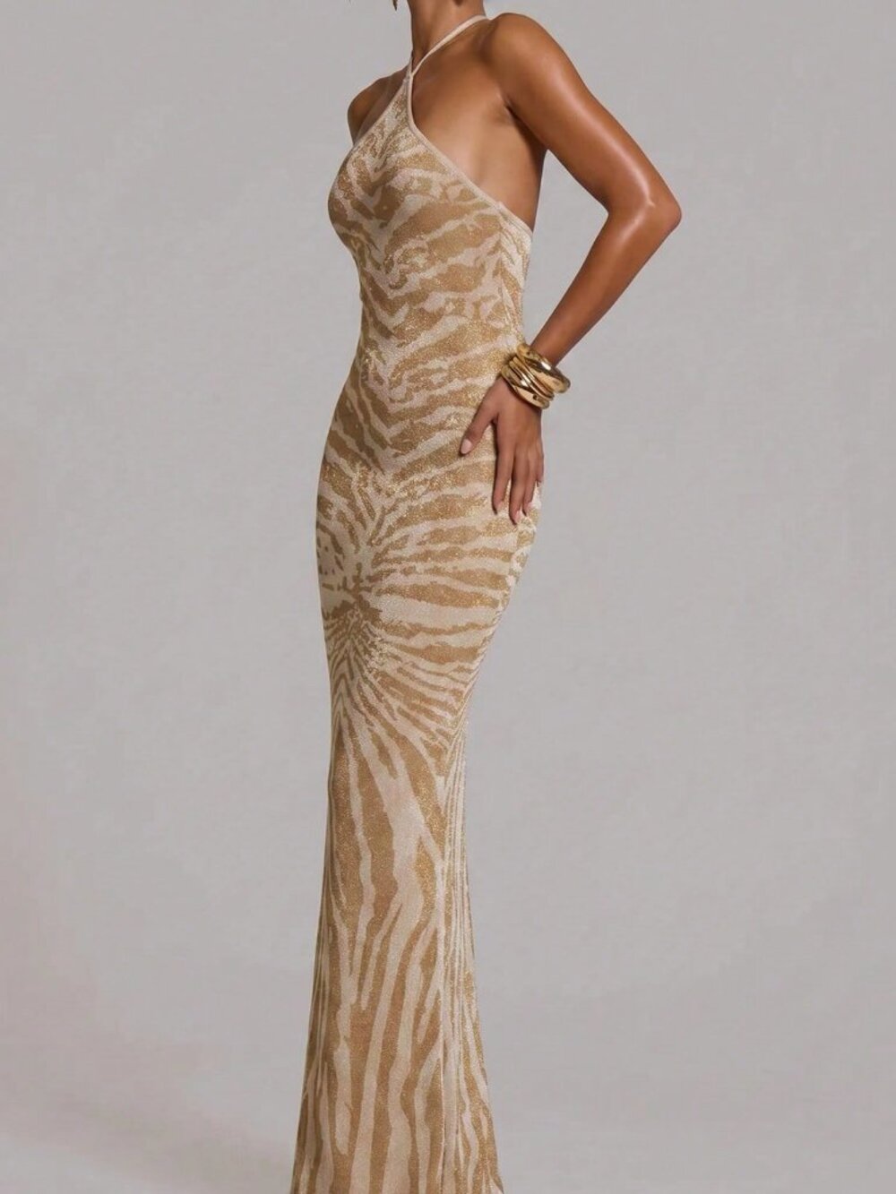 Brown Fitted Knit Halterneck Maxi Women's Dress - Picture 4 of 6